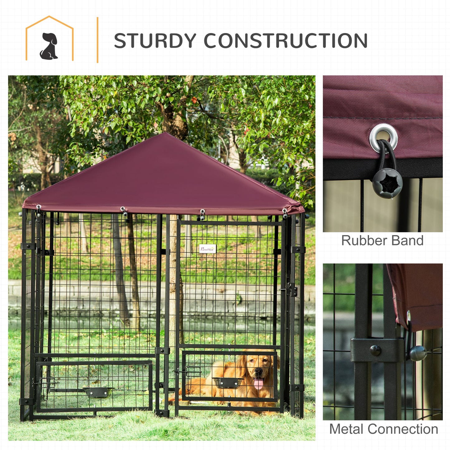 PawHut Dog Kennel with Rotating Bowl Holders, Cover, Outdoor Dog Run
